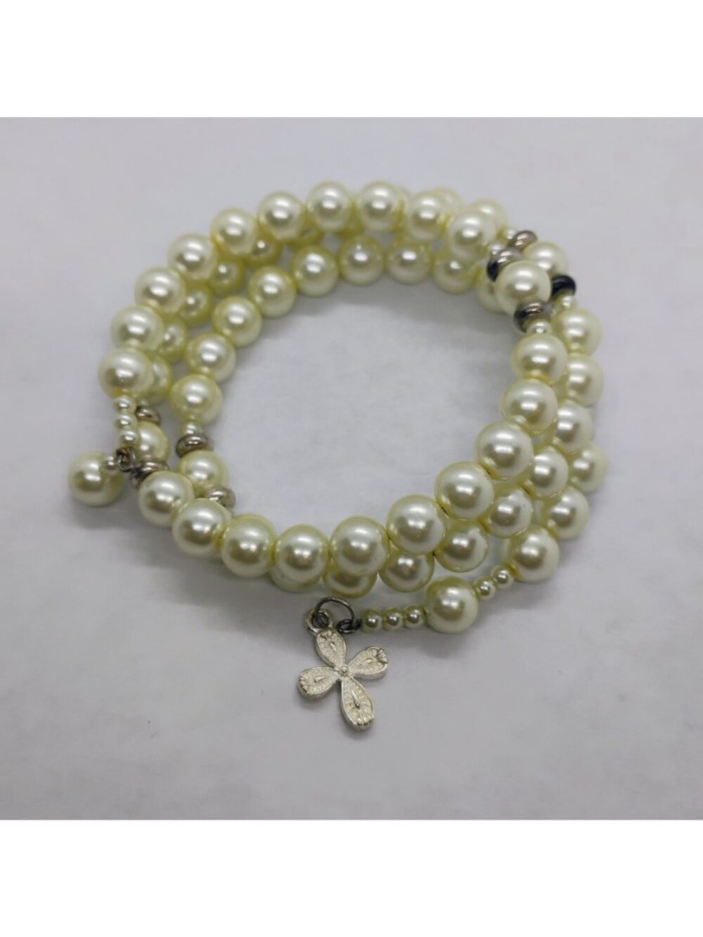 Coil Wrap Faux Pearl Bracelet w/Silver Tone Beads & Cross Charm - Picture 2 of 4